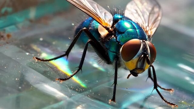 Housefly Grooming Its Wings on a Glass Surface