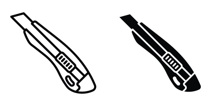 Cutter Knife icon set in outlined drawings with flat version.