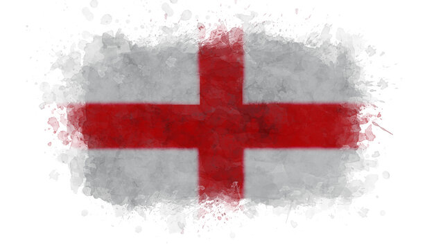 A watercolor-style rendition of the flag of England, featuring a prominent red St. George's Cross on a white background with a distressed, brushstroke texture.
