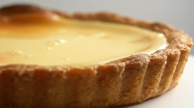 Macro close-up of a perfectly baked custard tart or flan, showing the golden, textured pastry crust and the smooth, creamy filling under soft lighting.