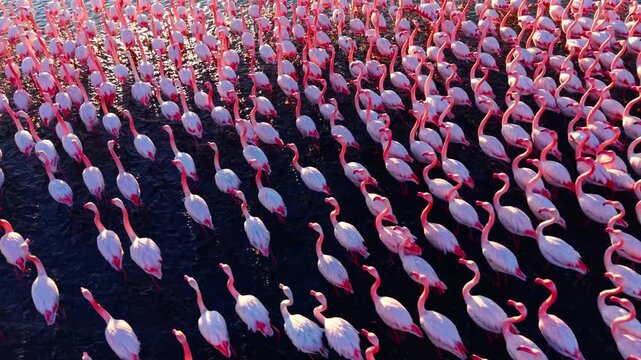 Close overhead view of flamingo flock moving in shallow water, Bulgaria. Drone perspective looking down at rows of white and pink birds with curved pink necks against dark rippled water.