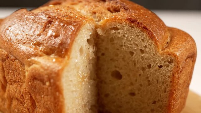 Close-up macro shot of golden brown freshly baked sweet bread loaf with a glossy, shiny crust and soft crumb texture, perfect for breakfast or dessert.