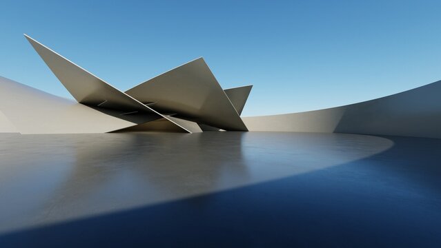 Abstract architecture background, White Curved Concrete Building with empty Cement floor, Scene for car presentation, Modern Exterior, 3D rendering