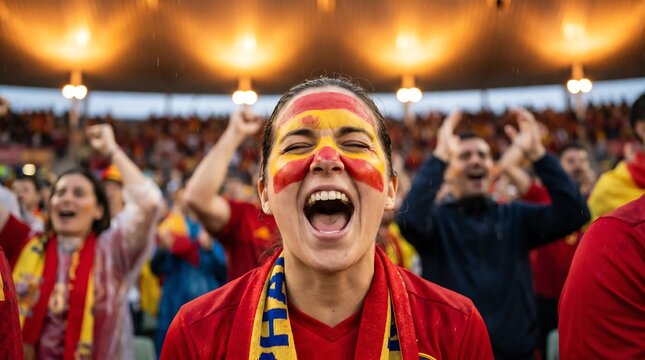 Passionate Spanish Woman Celebrates During Soccer Match with Face Paint and Outstretched Arms