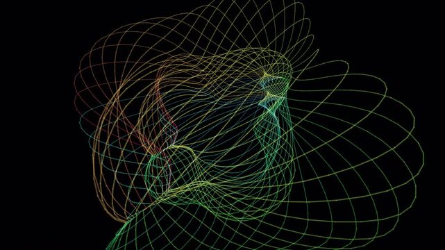 Seamless 4K loop of a glowing crimson spherical harmonics morphing through an abstract topology field in rich volumetric light. Ideal for music video, data visualization. 4K UHD.