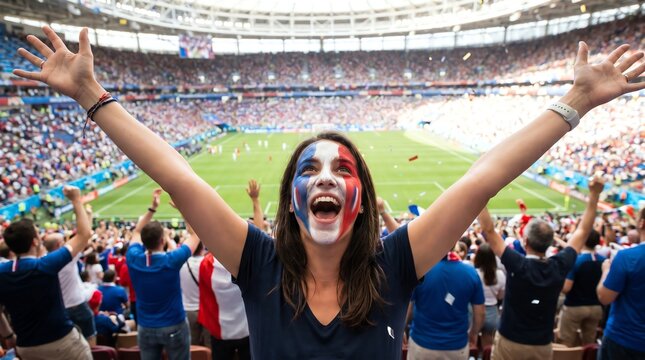 Excited fan with painted face celebrates during a thrilling football match in a packed stadium