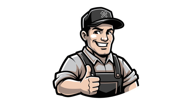 Smiling male worker in cap and overalls giving thumbs up.