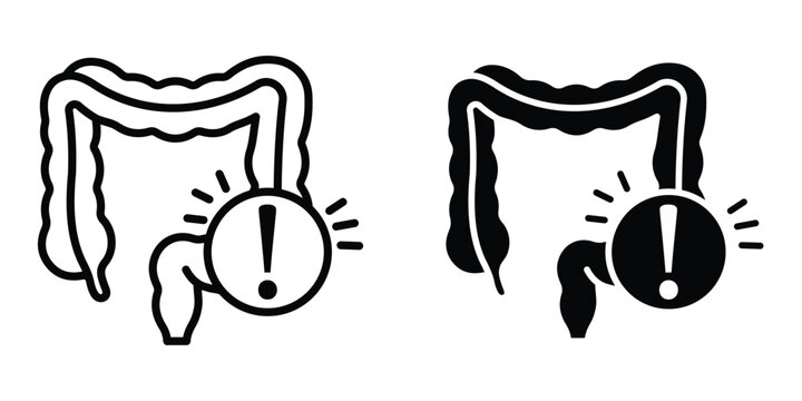 Gut constipation icon set in outlined drawings with flat version.