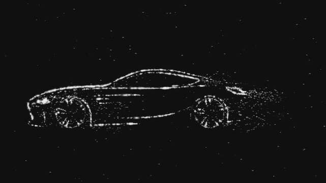 abstract sports car silhouette forming from white particles with speed disintegration effect on black background for automotive technology motion graphics