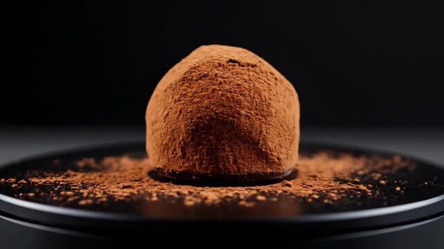 Close-up of a luxurious dark chocolate truffle covered in rich cocoa powder, resting on a black plate against a dramatic dark studio background, emphasizing gourmet confectionery and dessert art.