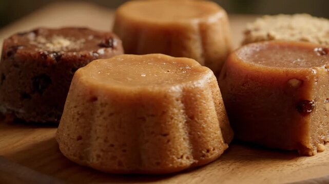 Assortment of gourmet individual mini puddings, including dark chocolate and caramel flavored desserts, arranged for a tempting culinary presentation.