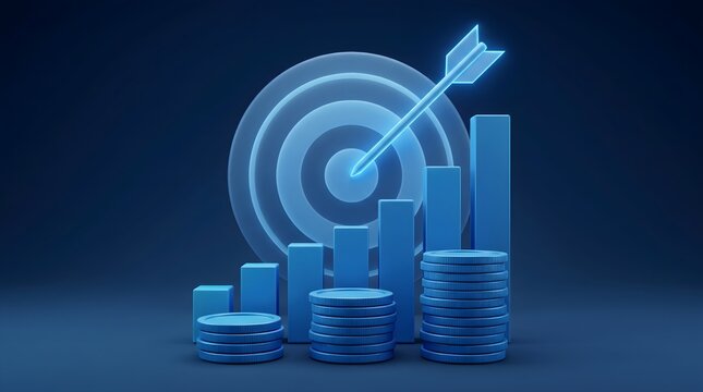 Digital growth target with financial data charts and cryptocurrency coins in futuristic blue glow