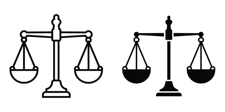 justice scale icon set in outlined drawings with flat version.