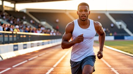 Obraz premium Strong Black male sprinter running fast on a track in a stadium at sunset, showcasing athletic performance and determination during training.