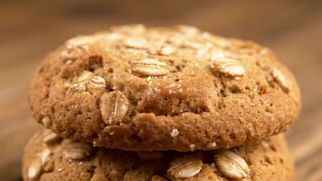 Stacked oatmeal cookies macro shot. delicious homemade dessert with visible oat flakes and sugar crystals on a wooden table, emphasizing texture and golden brown color.