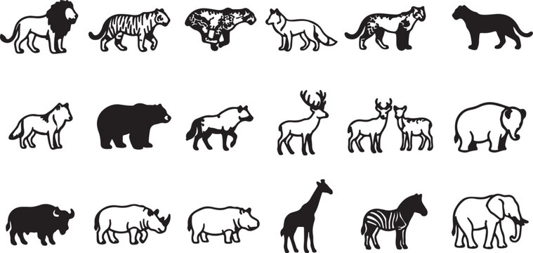 Set of black animal silhouettes on transparent background for wild life design.
