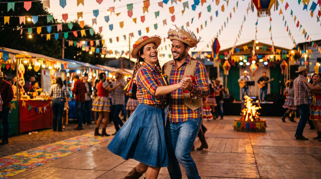 Brazilian Couple Dancing at Traditional Festa Junina Celebration