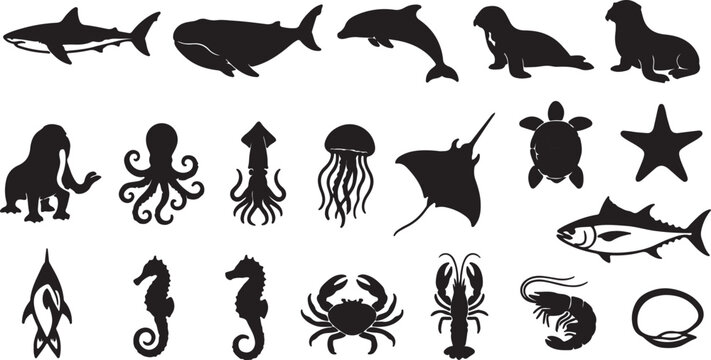 Set of black sea animals silhouettes on transparent background for ocean design.