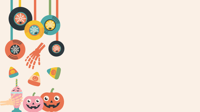 Vertical Spooky Diner Delight Side Border Vector. Playful 1950s Milkshake and Candy Corn Column for Cafe Branding.
