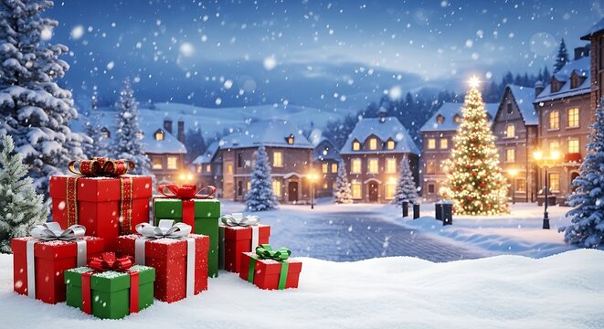 Merry christmas festive gift pile with snowy european village background