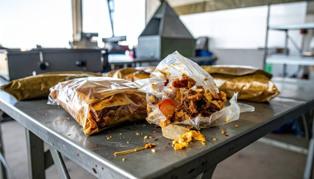 Scattered military rations with torn packaging revealing partially consumed food on a metal table surface