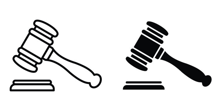 law gavel icon set in outlined drawings with flat version.