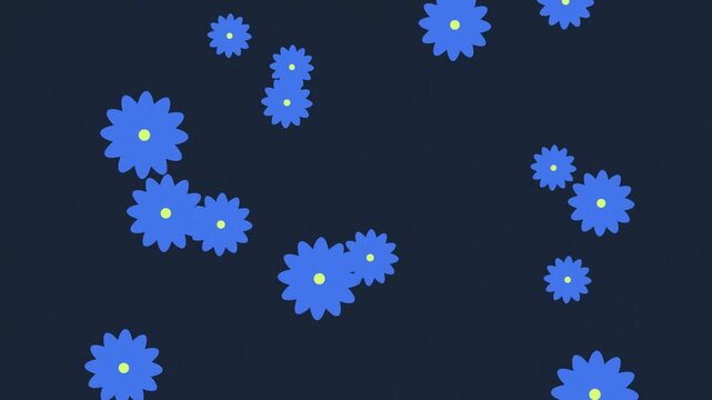 Minimalist pattern featuring blue daisy flowers floating smoothly on dark navy background.