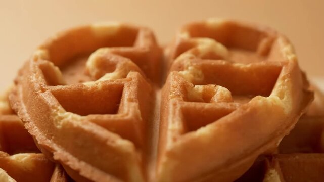 Macro close-up of golden brown waffle texture, freshly baked dessert or breakfast food item stacked against a warm background.