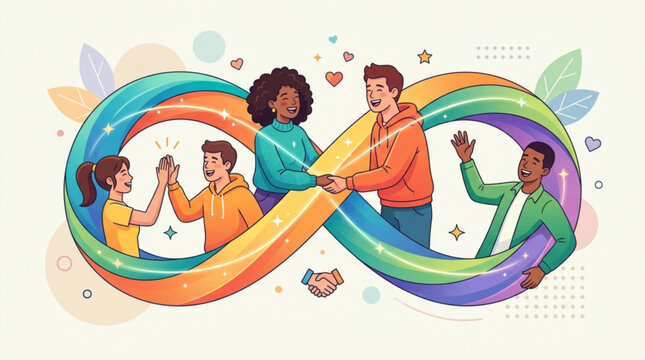 Diverse people connect in infinity loop with rainbow colors