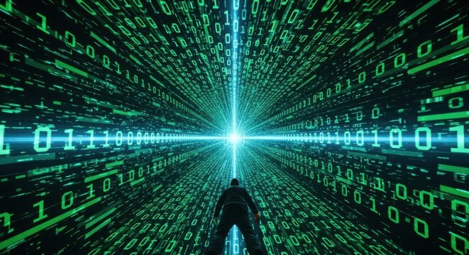 Man standing in a digital tunnel of glowing binary code with bright light ahead