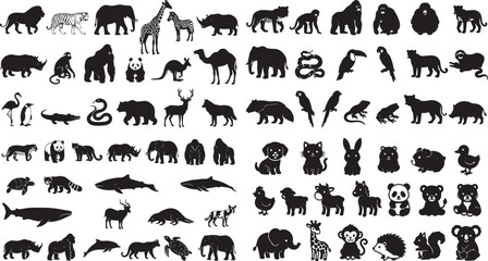 Fototapeta premium Big set of black animal silhouettes on transparent background for wildlife design.