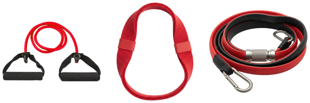 Set of red fitness resistance bands and straps isolated on white background