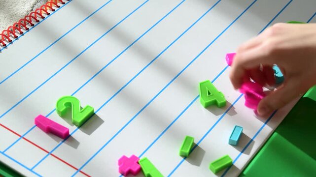 Child arranging colorful plastic numbers in sequence on lined paper, side-angle view. Math learning, counting, and early education concept