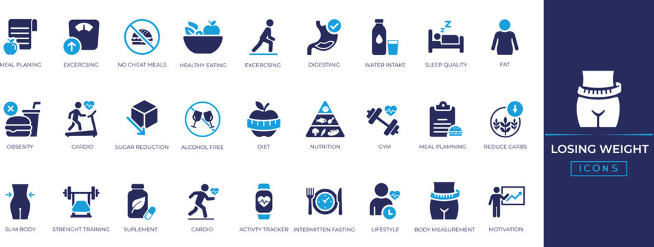 Losing weight solid icon set featuring diet, healthy nutrition, weight loss, body balance, and fitness tracking vector symbols collection.
