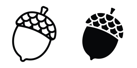 Oak nut icon set in outlined drawings with flat version. © Ro