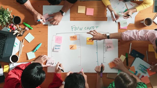 Top down aerial view of professional business people hands making scrum task board to manage workflow in workplace. Diverse marketing team writing and working together at meeting room. Convocation.