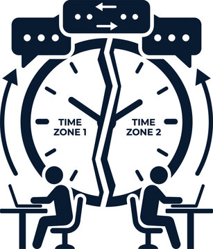 Asynchronous work collaboration conceptual solid single color vector icon clock split global time zone chat bubble remote team silhouette white