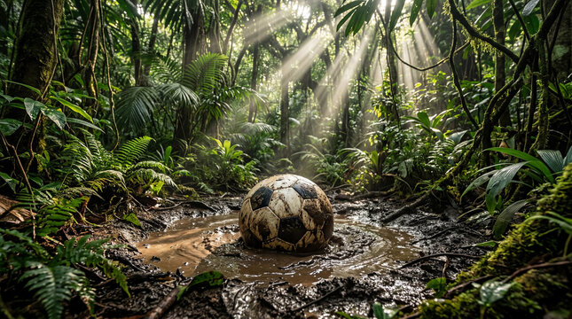 Dirty soccer ball in muddy jungle puddle with sunlight rays