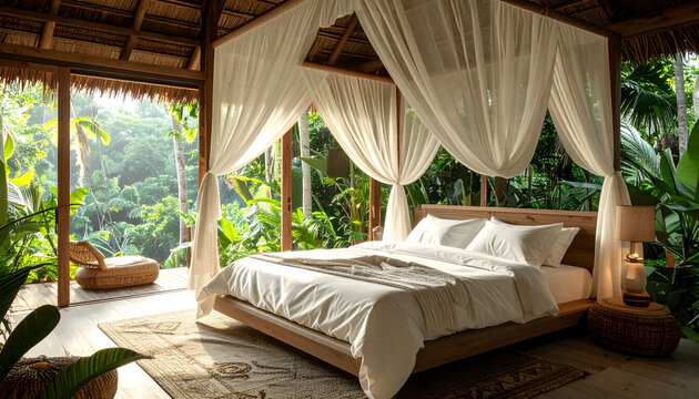 Luxury jungle lodge interior featuring a four poster bed with white mosquito netting and large open windows facing lush greenery generative AI