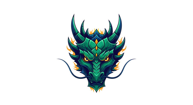 Vibrant green dragon head with flames on white background