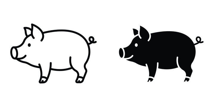 Pig icon set in outlined drawings with flat version.