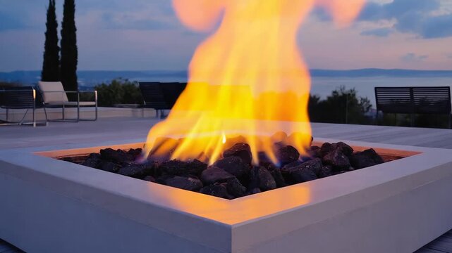 outdoor patio with modern fire pit installation at summer evening at dusk
