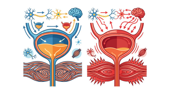 Medical illustration comparing normal urinary bladder function and overactive bladder syndrome with brain-body nervous system signaling, pelvic floor muscles, and neurons.