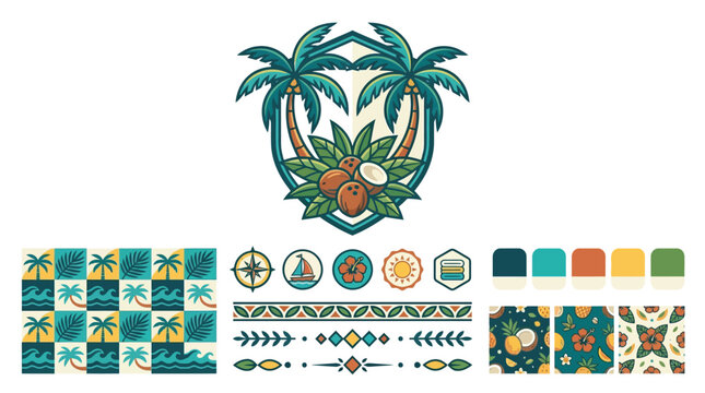 Tropical design kit featuring a palm tree badge with coconuts, seamless wave and leaf patterns, summer vacation icons, decorative vector dividers, and coordinated color swatches.
