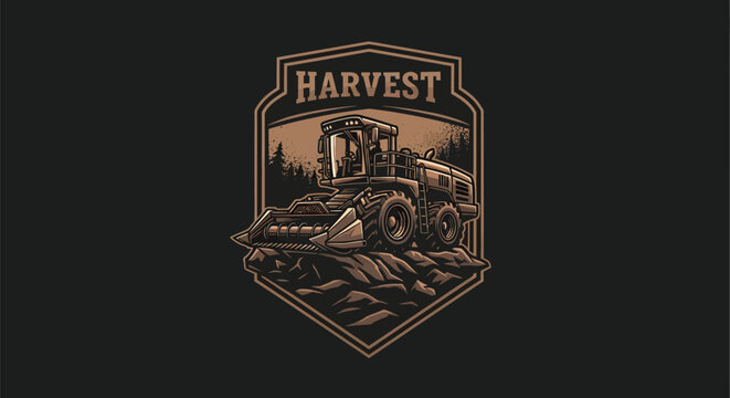 Vintage-style emblem featuring a powerful tractor harvesting crops in a field at sunset.