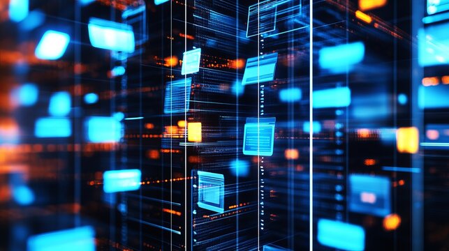 Glowing blue digital data streams flow through a complex server rack in a dark room