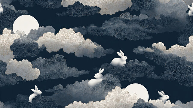 Full moon rabbit pattern cloud night sky elegant moon festival theme decorative seamless design serene