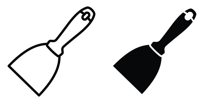Putty knife icon set in outlined drawings with flat version.