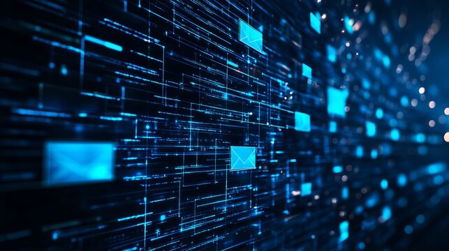 Digital blue mail icons floating along glowing data lines in a fast paced virtual network