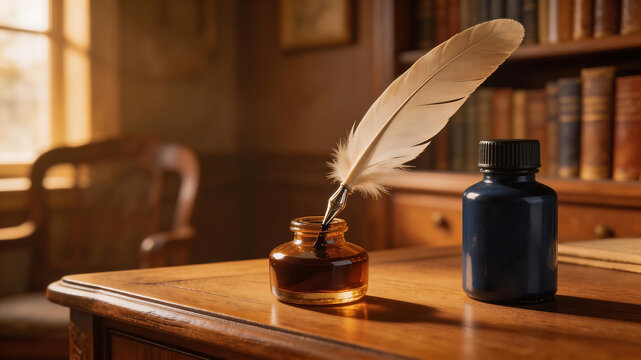Feather quill and ink bottle on wooden desk symbolizing infrastructure development and hard work
